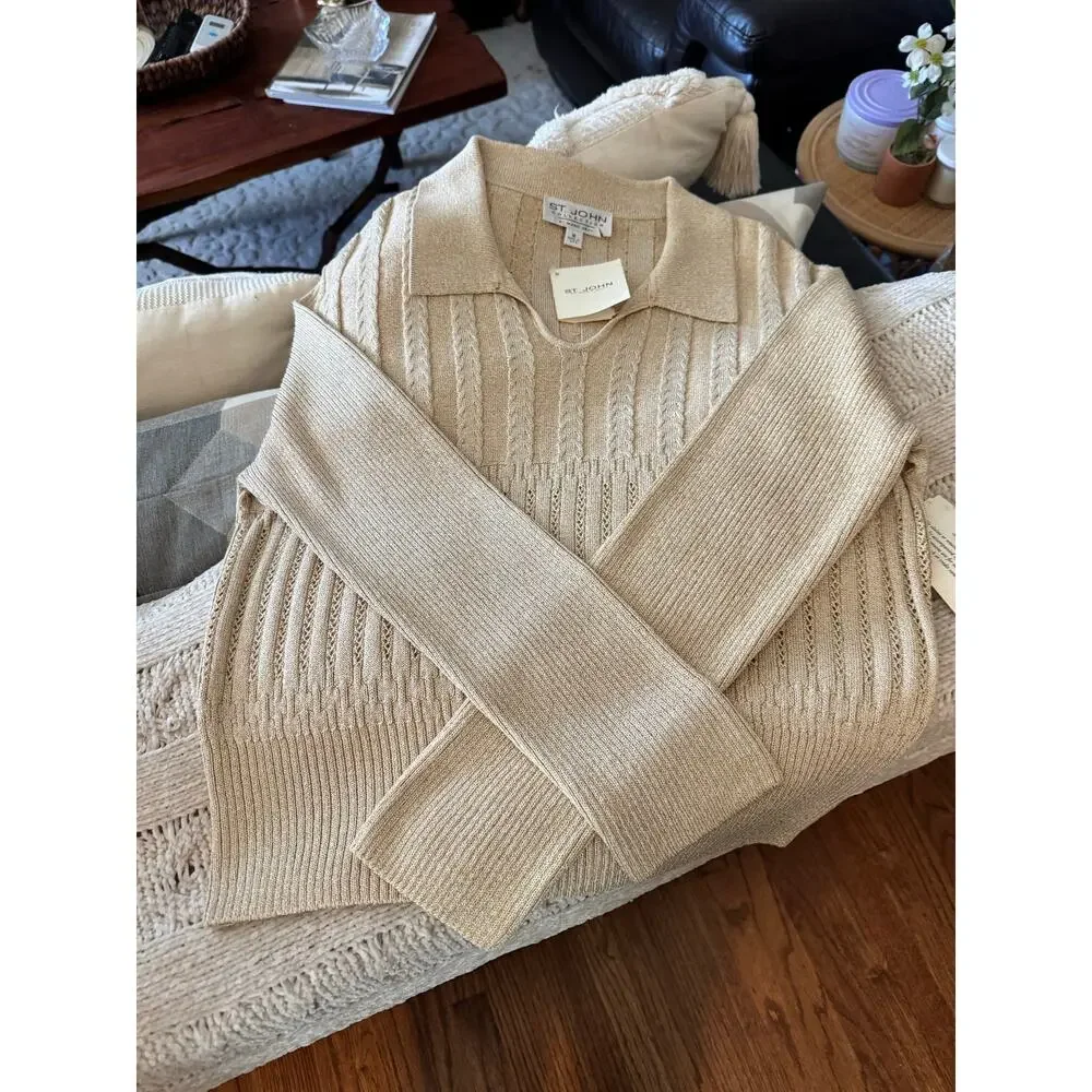 NWT VTG ST. JOHN COLLECTION Marie Gray Gold Metallic Knit Polo Sweater 90s S 16✨